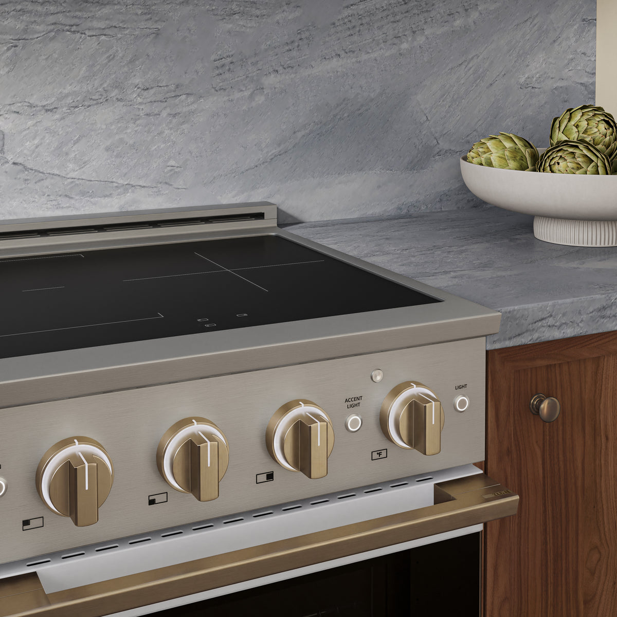 ZLINE Autograph 24-Inch Marino Induction Range in Stainless Steel with White Matte and Champagne Bronze (MINRZ-WM-24-CB) - kitchen lifestyle view