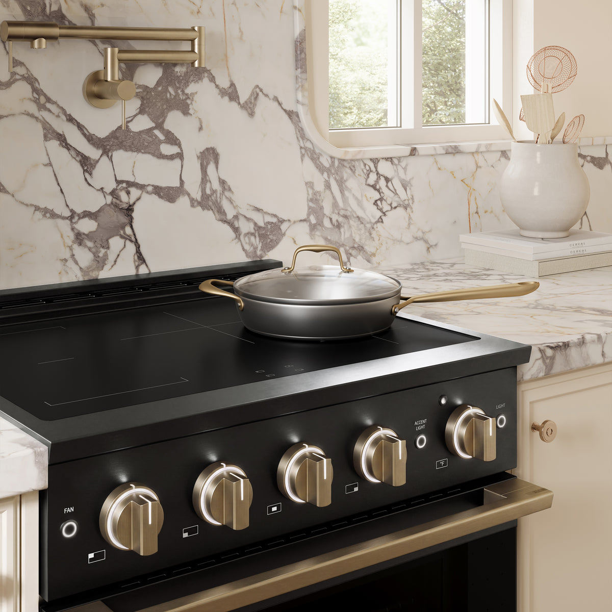ZLINE Autograph 30-Inch Marino Induction Range in Black Stainless Steel with Champagne Bronze (MINRBZ-30-CB) - kitchen lifestyle view