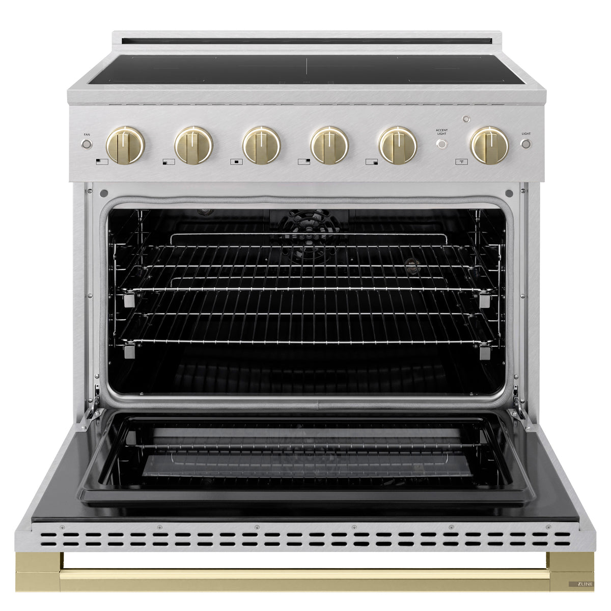 ZLINE Autograph 36-Inch Marino Induction Range in Satin Stainless Steel with Champagne Bronze (MINRSZ-36-CB) - oven door open