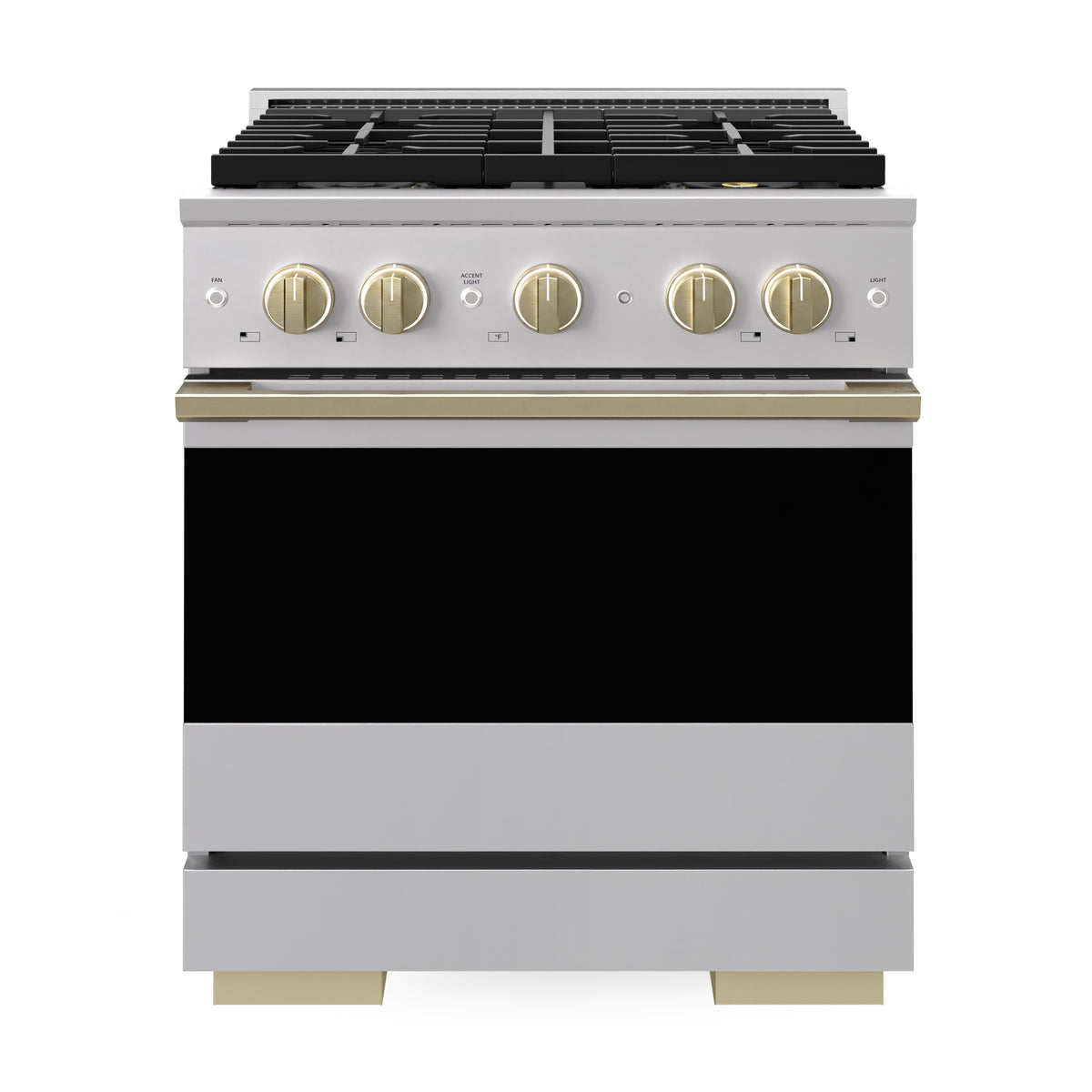 ZLINE Autograph 30-Inch Marino Dual Fuel Range with DuoPro Cooktop in Stainless Steel with Champagne Bronze (PMDRZ-30-CB) - front view on white background