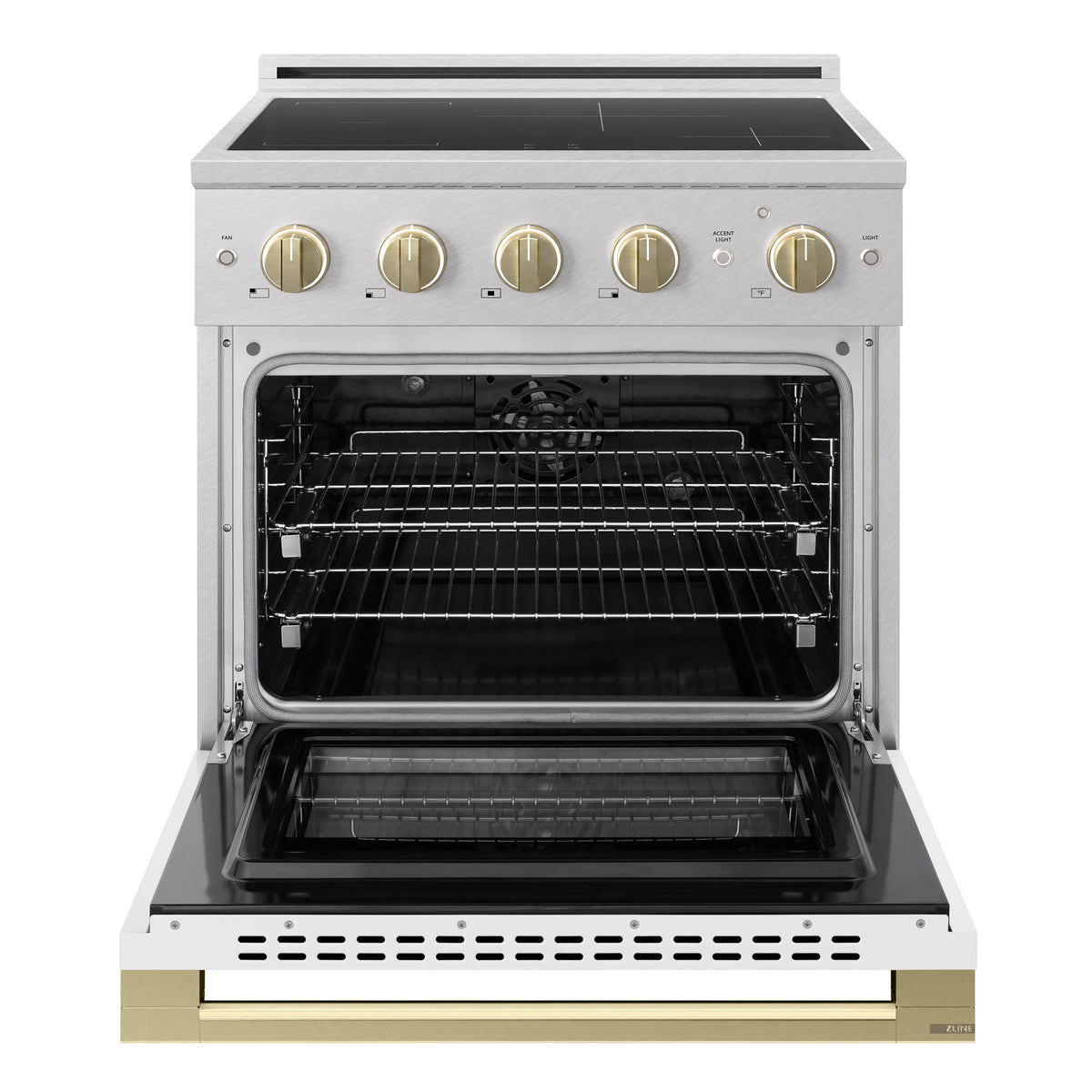 ZLINE Autograph 30-Inch Marino Induction Range in Satin Stainless Steel with White Matte and Champagne Bronze (MINRSZ-WM-30-CB) - oven door open