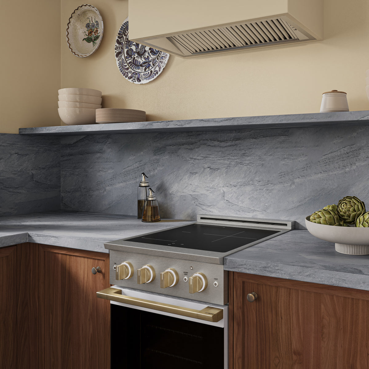 ZLINE Autograph 24-Inch Marino Induction Range in Satin Stainless Steel with White Matte and Champagne Bronze (MINRSZ-WM-24-CB) - kitchen lifestyle view