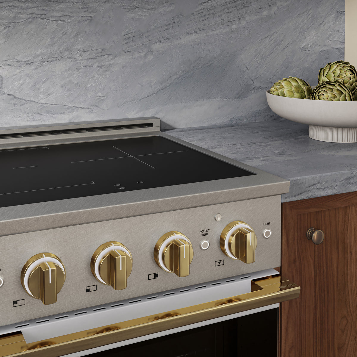 ZLINE Autograph 24-Inch Marino Induction Range in Satin Stainless Steel with White Matte and Polished Gold (MINRSZ-WM-24-G) - kitchen lifestyle view