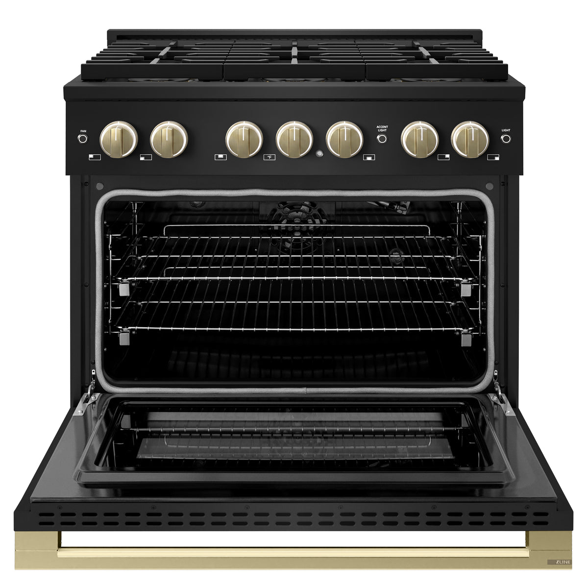 ZLINE Autograph 36-Inch Marino Gas Range with DuoPro Cooktop in Black Stainless Steel with Champagne Bronze (PMGRBZ-36-CB) - oven door open