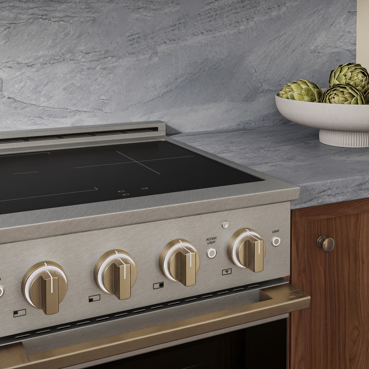 ZLINE Autograph 24-Inch Marino Induction Range in Satin Stainless Steel with Champagne Bronze (MINRSZ-24-CB) - kitchen lifestyle view