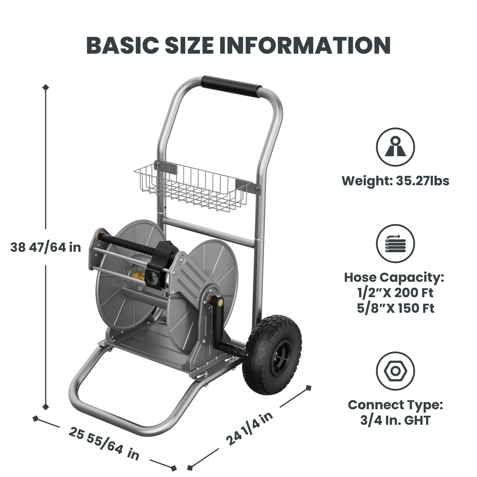Garden hose reel cart with two wheels, hose reel drum, and front handle