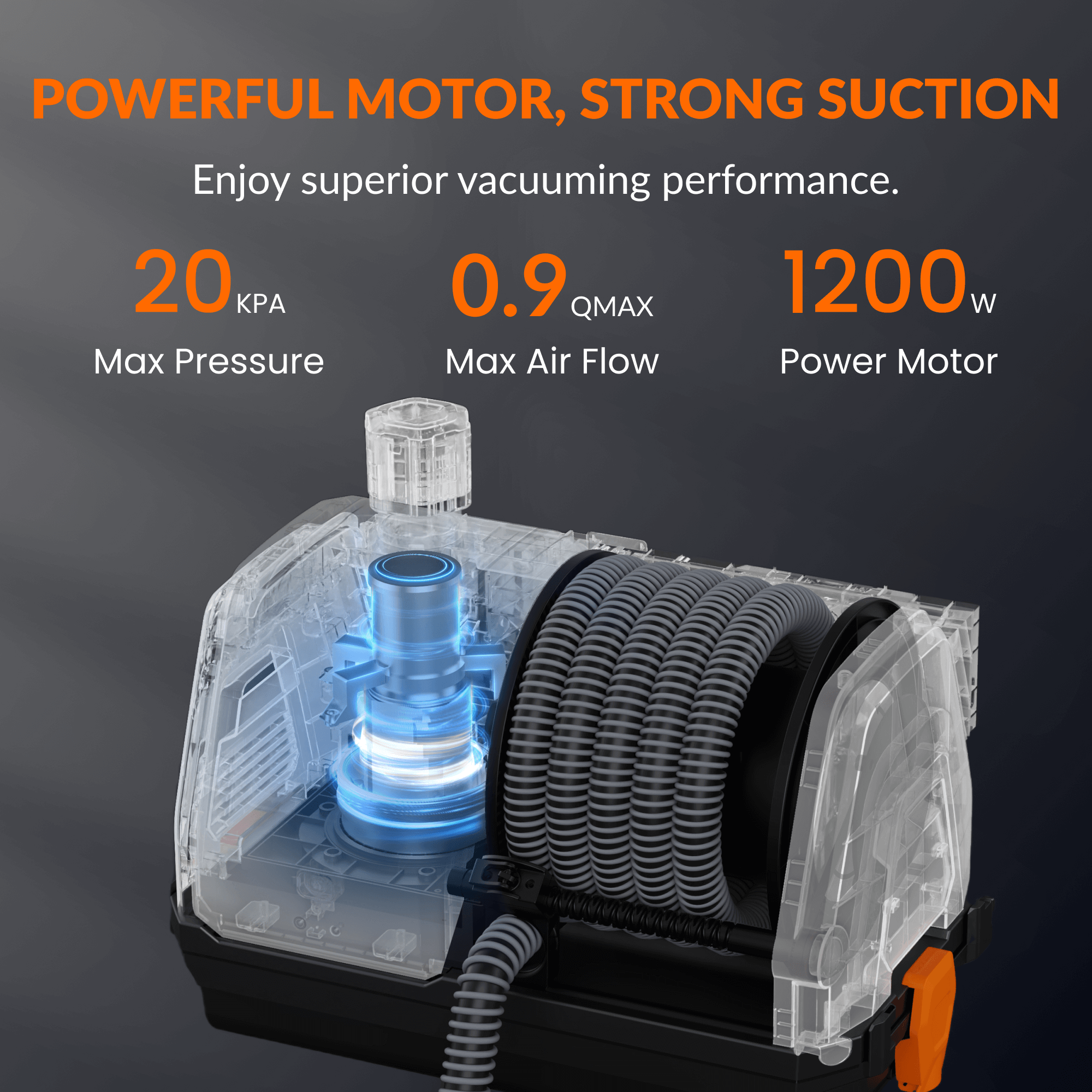 Retractable vacuum motor housing with transparent airflow chamber and coiled hose