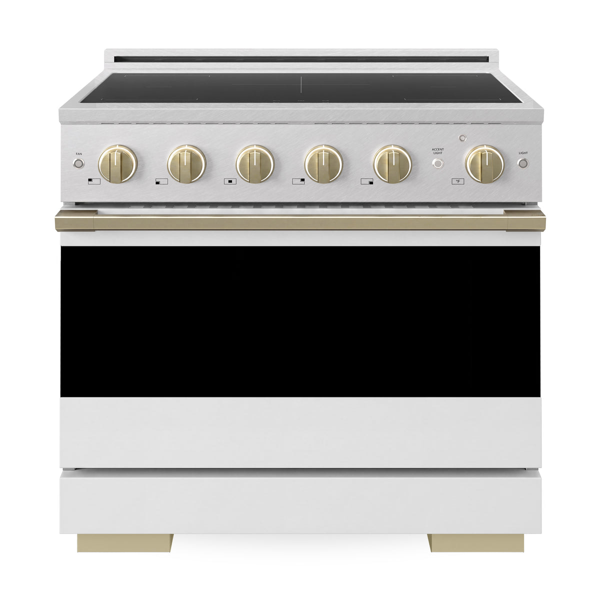 ZLINE Autograph 36-Inch Marino Induction Range in Satin Stainless Steel with White Matte and Champagne Bronze (MINRSZ-WM-36-CB) - front view