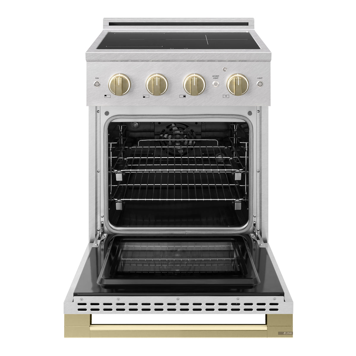 ZLINE Autograph 24-Inch Marino Induction Range in Satin Stainless Steel with Champagne Bronze (MINRSZ-24-CB) - oven door open