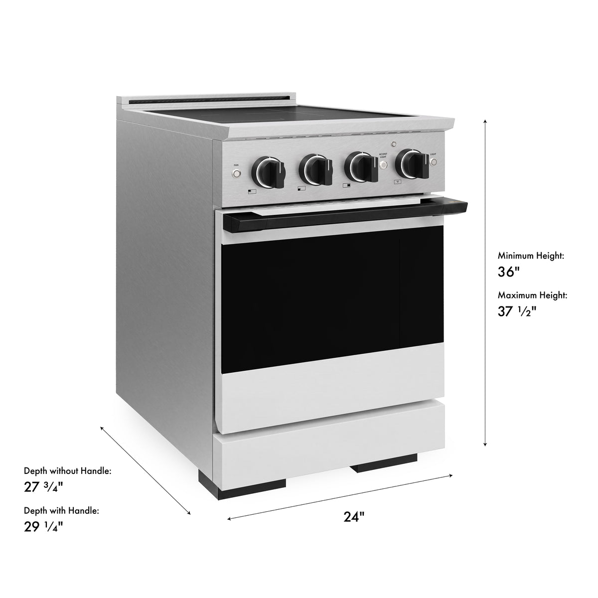 ZLINE Autograph 24-Inch Marino Induction Range in Satin Stainless Steel with White Matte and Matte Black (MINRSZ-WM-24-MB) - product dimensions