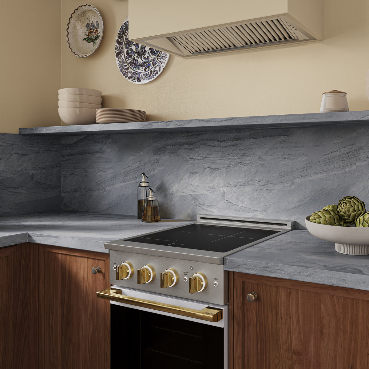 ZLINE Autograph 24-Inch Marino Induction Range in Satin Stainless Steel with White Matte and Polished Gold (MINRSZ-WM-24-G) - kitchen lifestyle view