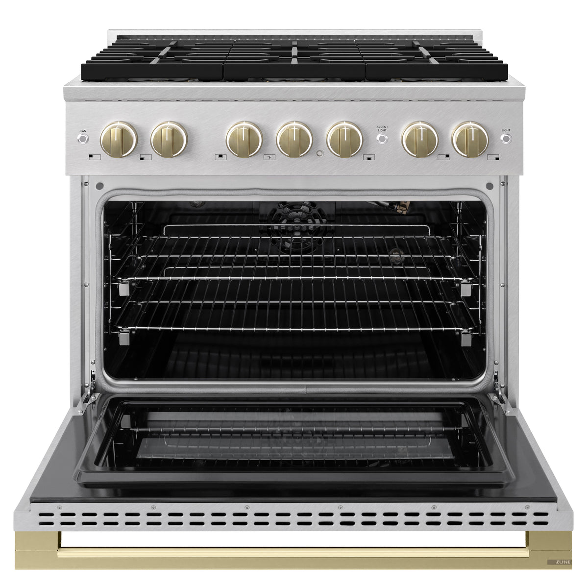 ZLINE Autograph 36-Inch Marino Gas Range with DuoPro Cooktop in Satin Stainless Steel with Champagne Bronze (PMGRSZ-36-CB) - oven door open