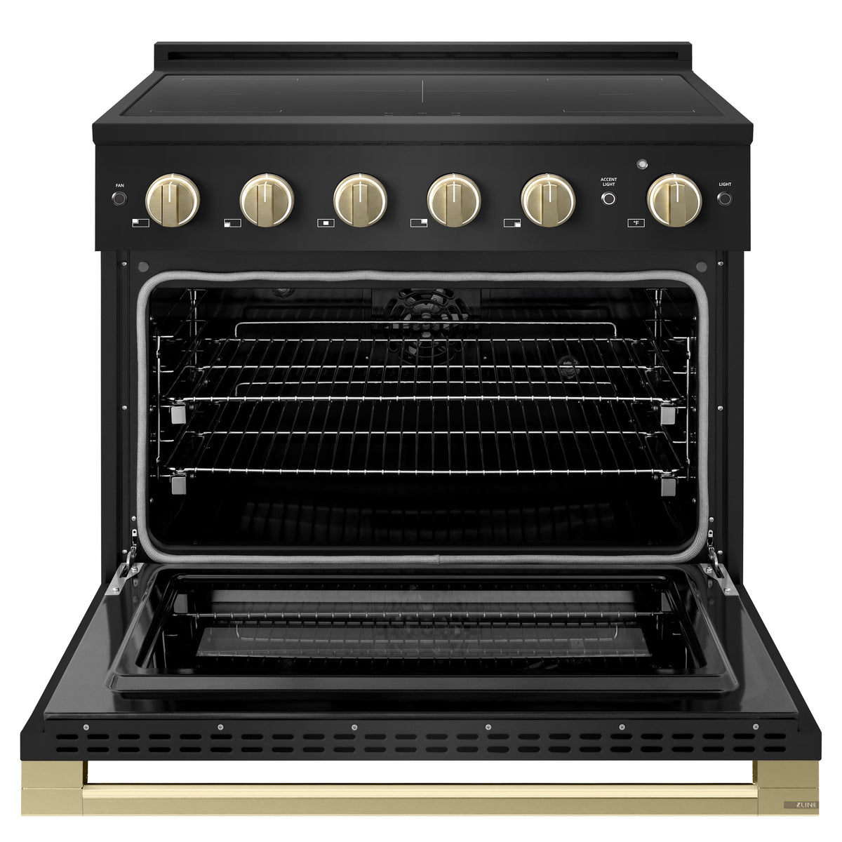 ZLINE Autograph 36-Inch Marino Induction Range in Black Stainless Steel with Champagne Bronze (MINRBZ-36-CB) - oven door open