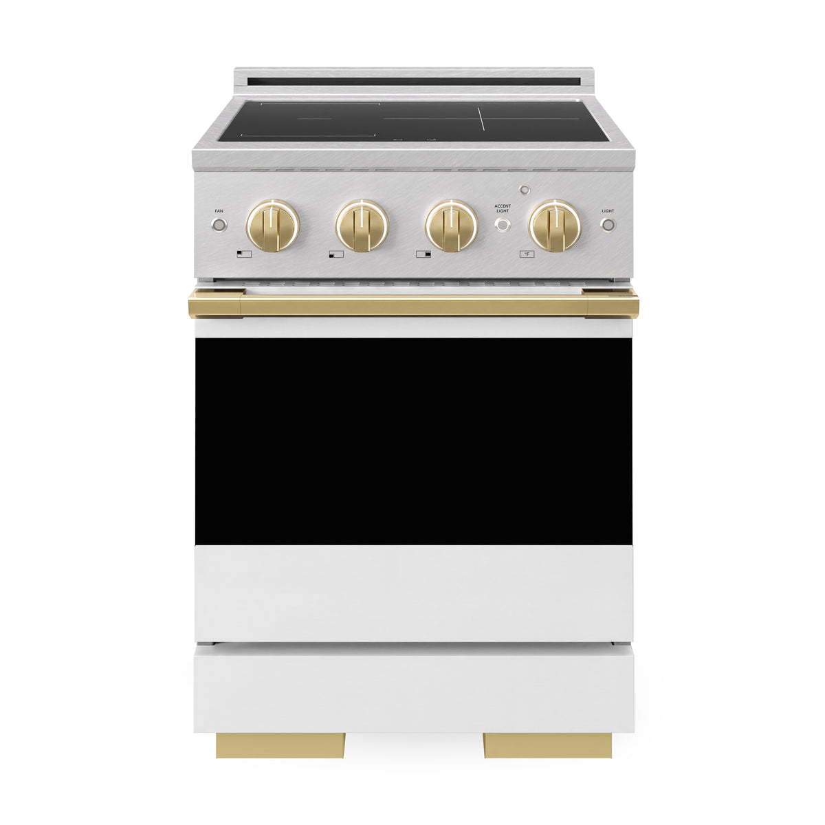 ZLINE Autograph 24-Inch Marino Induction Range in Satin Stainless Steel with White Matte and Polished Gold (MINRSZ-WM-24-G) - front view