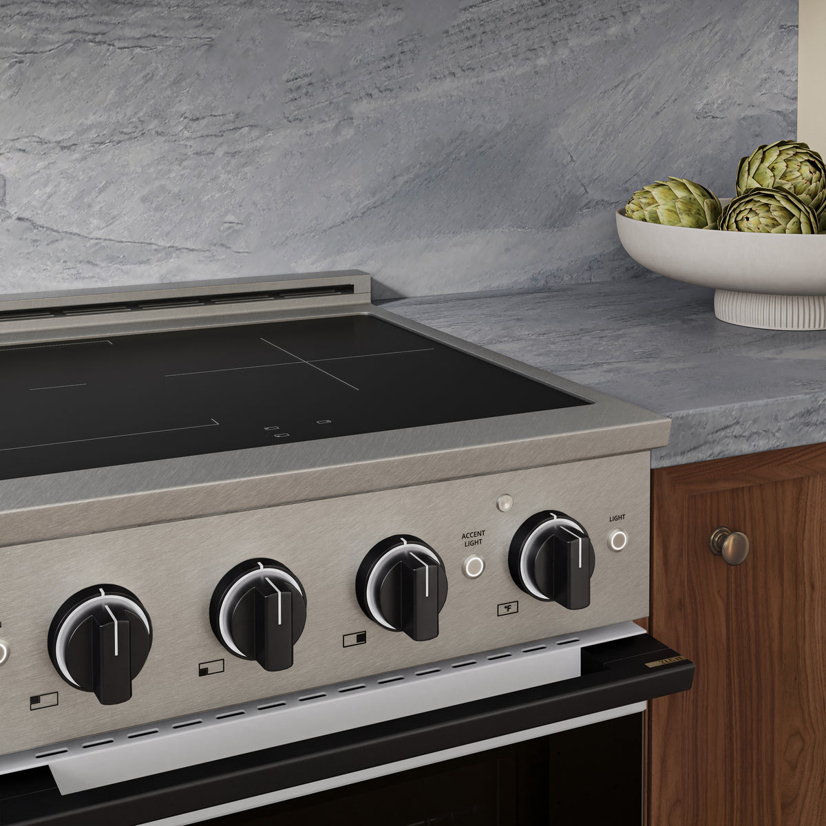 ZLINE Autograph 24-Inch Marino Induction Range in Satin Stainless Steel with White Matte and Matte Black (MINRSZ-WM-24-MB) - kitchen lifestyle view