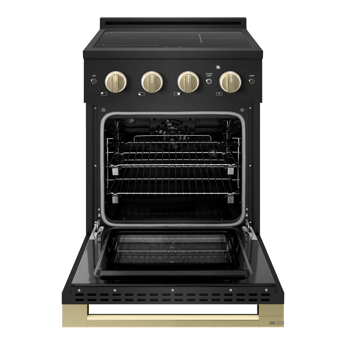 ZLINE Autograph 24-Inch Marino Induction Range in Black Stainless Steel with Champagne Bronze (MINRBZ-24-CB) - oven door open