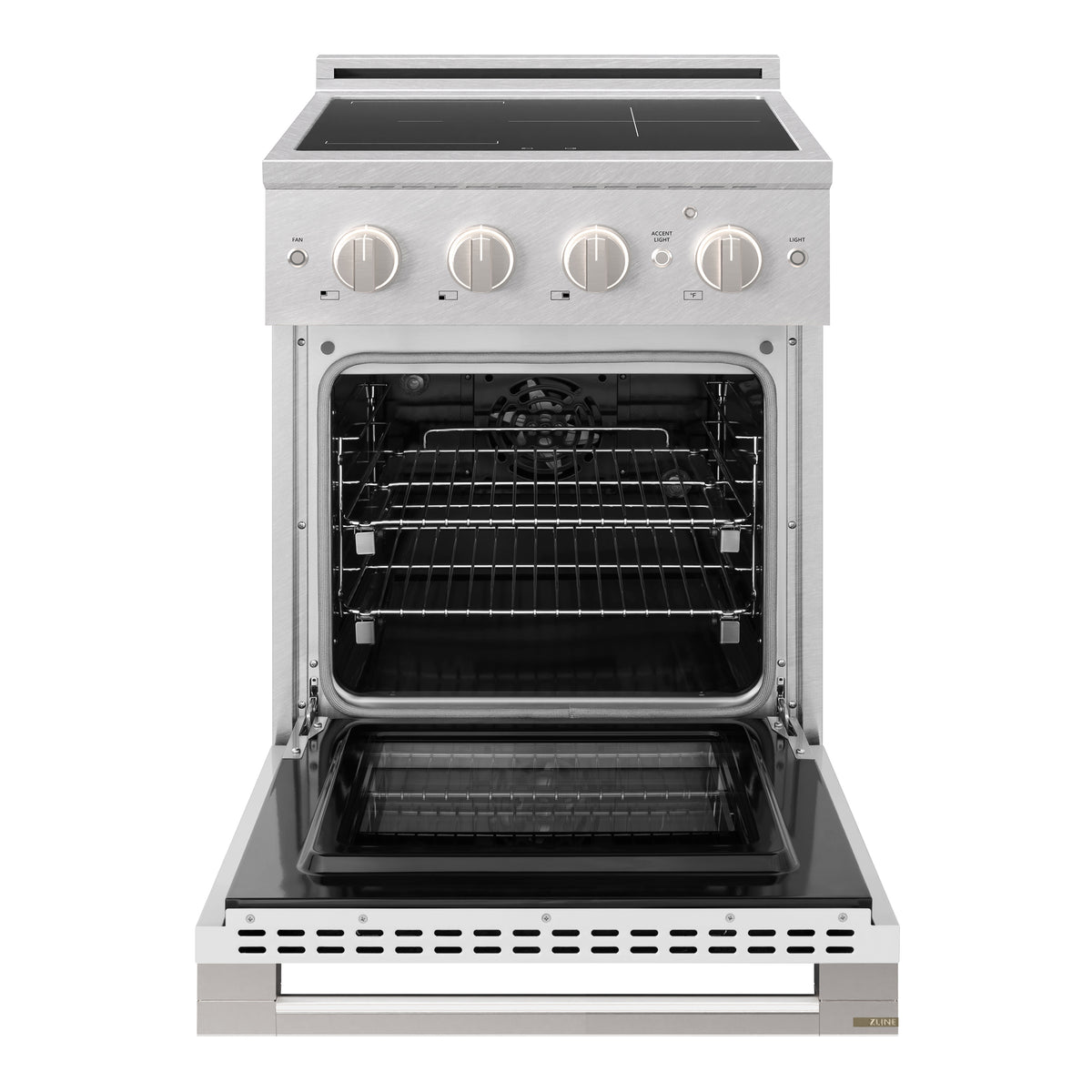 ZLINE 24-Inch Marino Induction Range in Satin Stainless Steel with White Matte (MINRS-WM-24) - oven door open