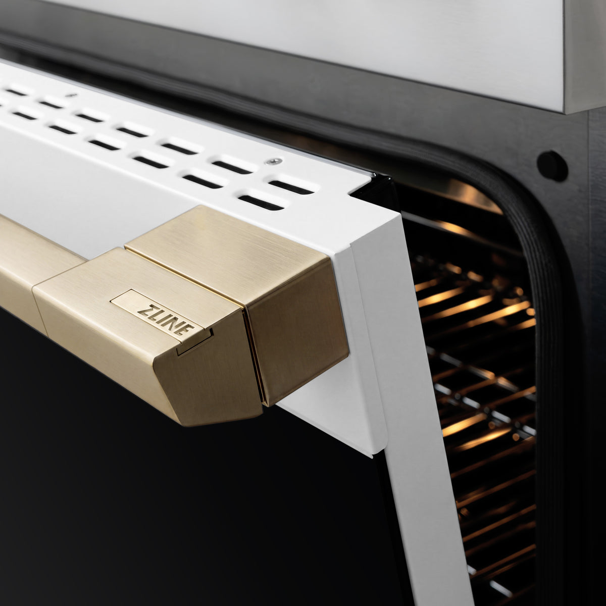 ZLINE Autograph 30-Inch Marino Induction Range in Stainless Steel with White Matte and Champagne Bronze (MINRZ-WM-30-CB) - handle detail