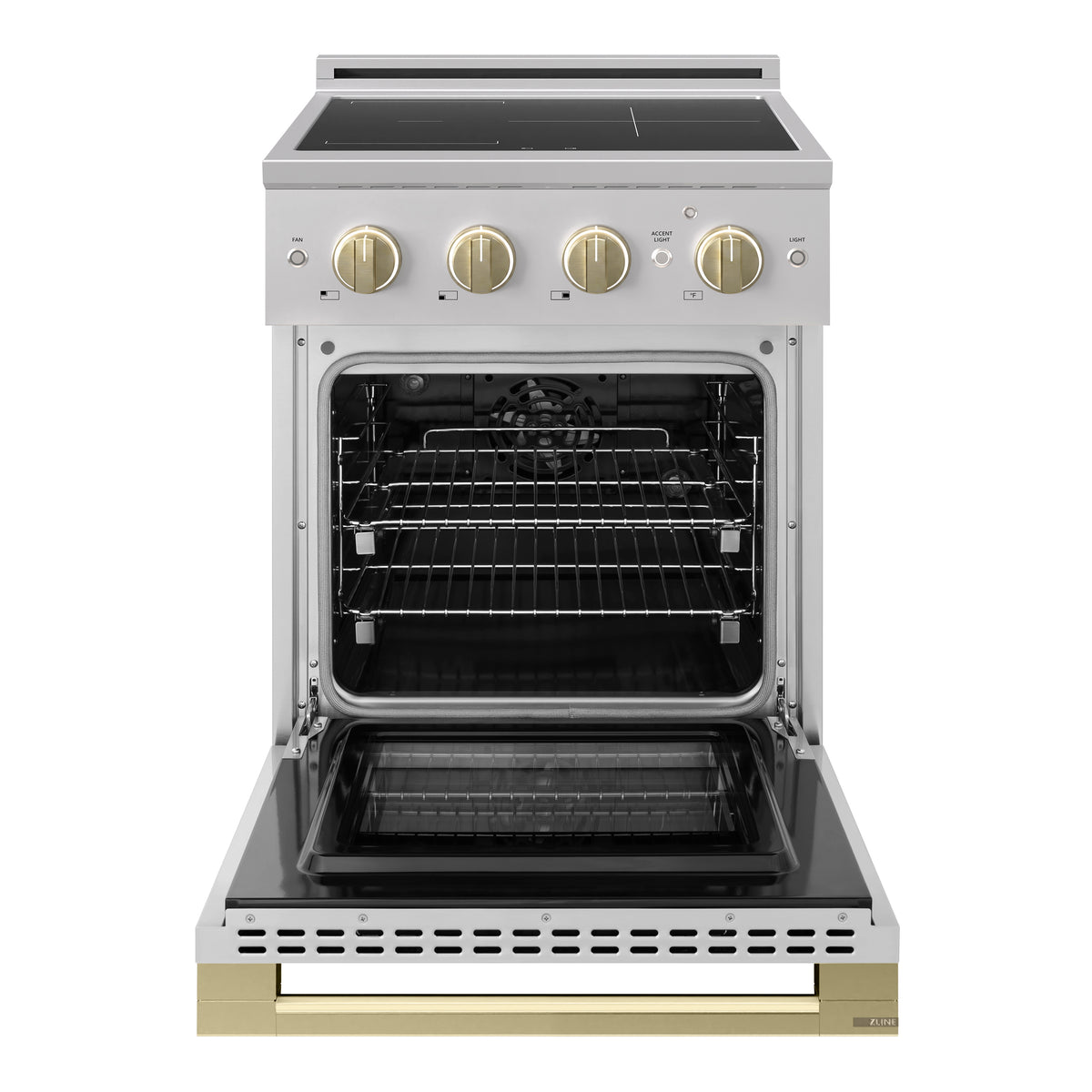 ZLINE Autograph 24-Inch Marino Induction Range in Stainless Steel with Champagne Bronze (MINRZ-24-CB) - oven door open