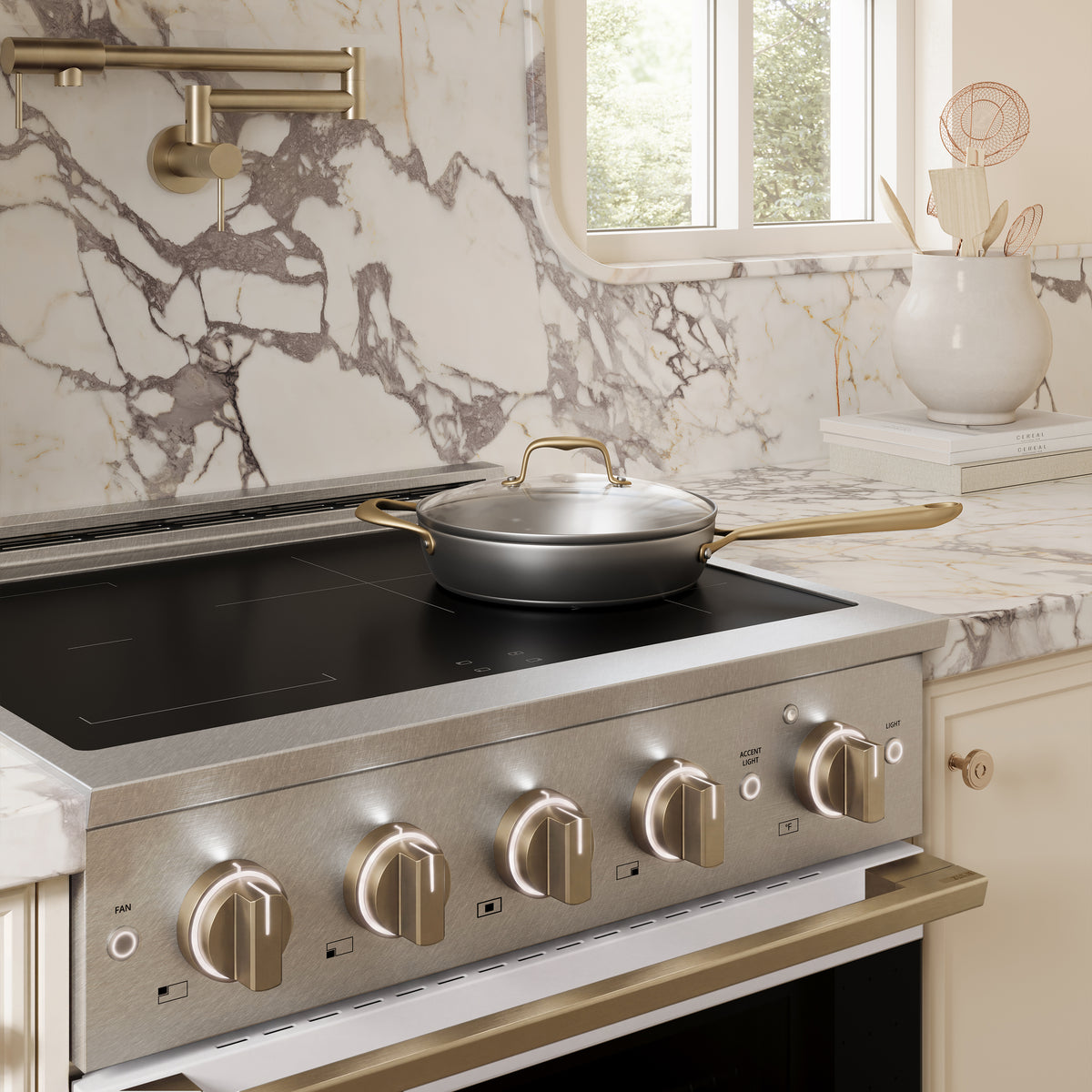 ZLINE Autograph 30-Inch Marino Induction Range in Satin Stainless Steel with White Matte and Champagne Bronze (MINRSZ-WM-30-CB) - kitchen lifestyle view
