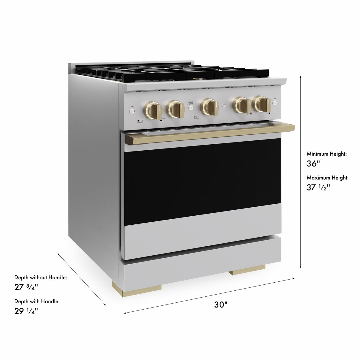 ZLINE Autograph 30-Inch Marino Gas Range with DuoPro Cooktop in Stainless Steel with Champagne Bronze (PMGRZ-30-CB) - product dimensions