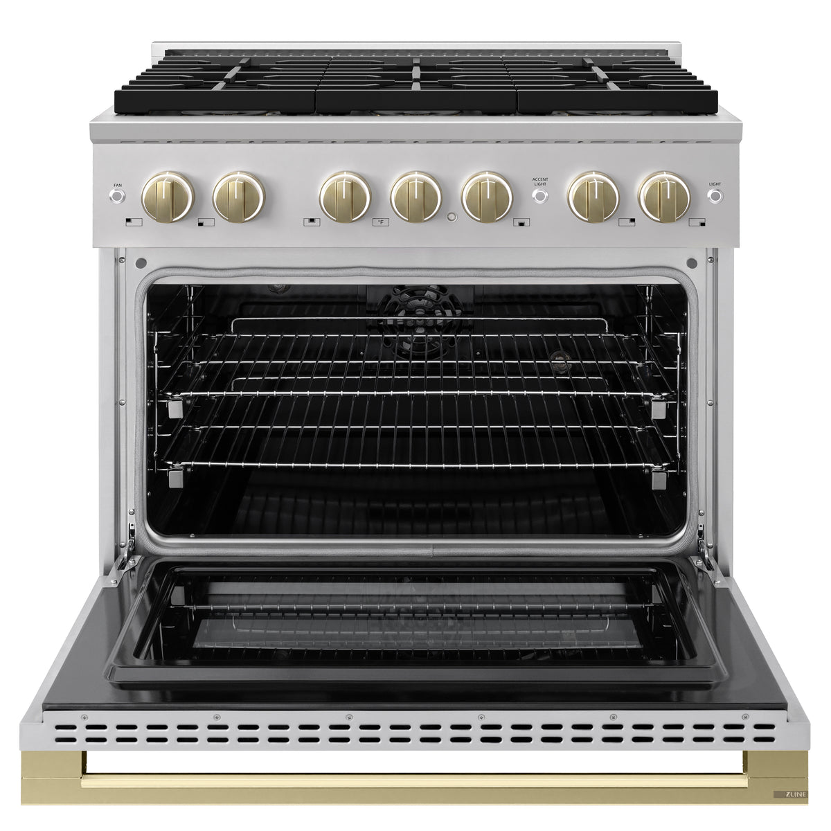 ZLINE Autograph 36-Inch Marino Dual Fuel Range with DuoPro Cooktop in Stainless Steel with Champagne Bronze (PMDRZ-36-CB) - oven door open