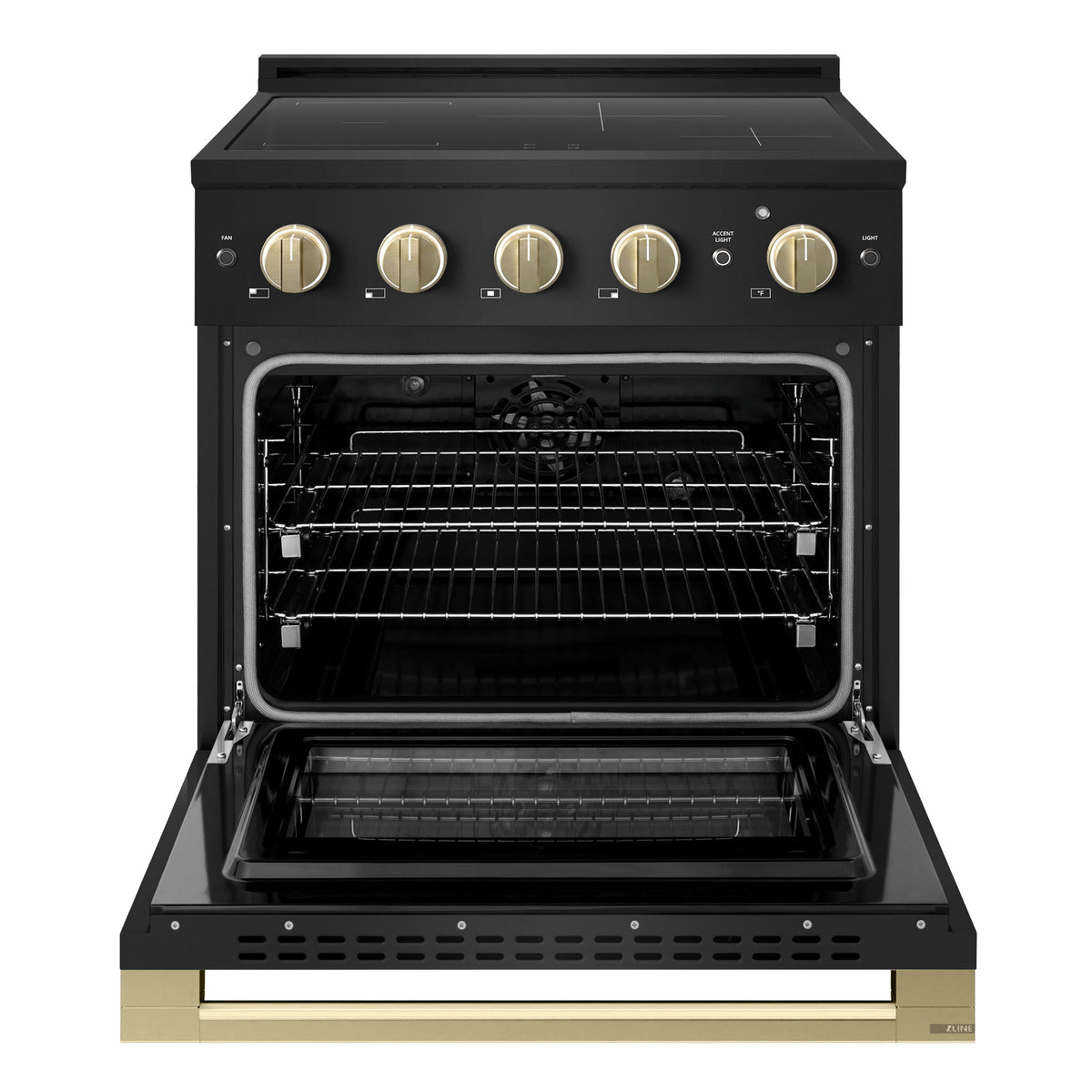 ZLINE Autograph 30-Inch Marino Induction Range in Black Stainless Steel with Champagne Bronze (MINRBZ-30-CB) - oven door open