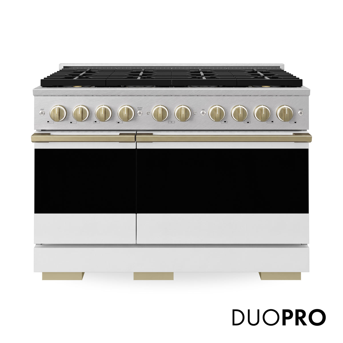 ZLINE Autograph 48-Inch Marino Gas Range with DuoPro Cooktop in Satin Stainless Steel with White Matte and Champagne Bronze (PMGRSZ-WM-48-CB) - front view