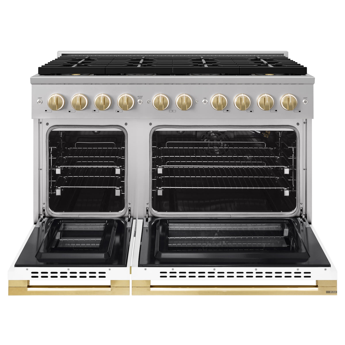 ZLINE Autograph 48-Inch Marino Gas Range with DuoPro Cooktop in Stainless Steel with White Matte and Polished Gold (PMGRZ-WM-48-G) - oven doors open