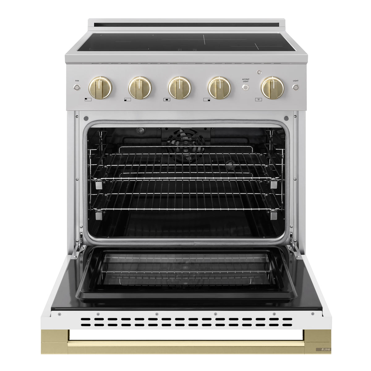 ZLINE Autograph 30-Inch Marino Induction Range in Stainless Steel with White Matte and Champagne Bronze (MINRZ-WM-30-CB) - oven door open