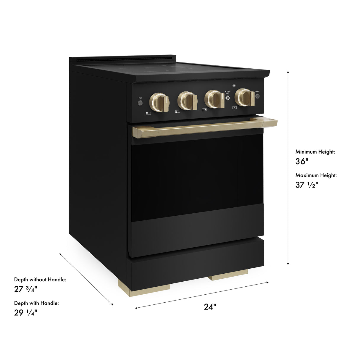 ZLINE Autograph 24-Inch Marino Induction Range in Black Stainless Steel with Champagne Bronze (MINRBZ-24-CB) - product dimensions