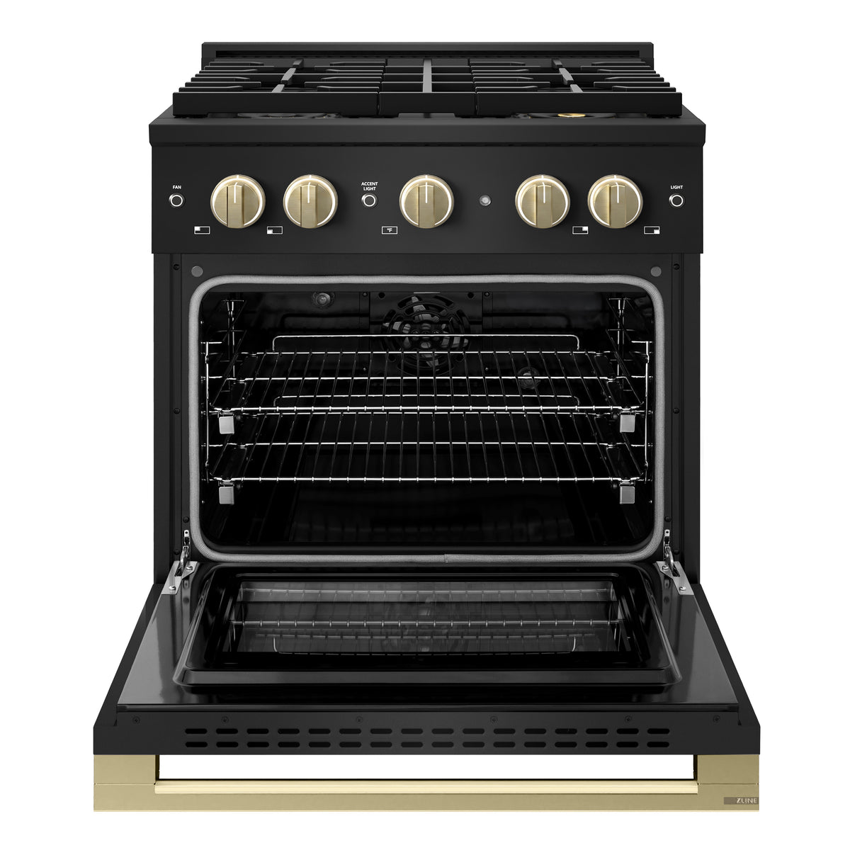 ZLINE Autograph 30-Inch Marino Dual Fuel Range with DuoPro Cooktop in Black Stainless Steel with Champagne Bronze (PMDRBZ-30-CB) - oven door open