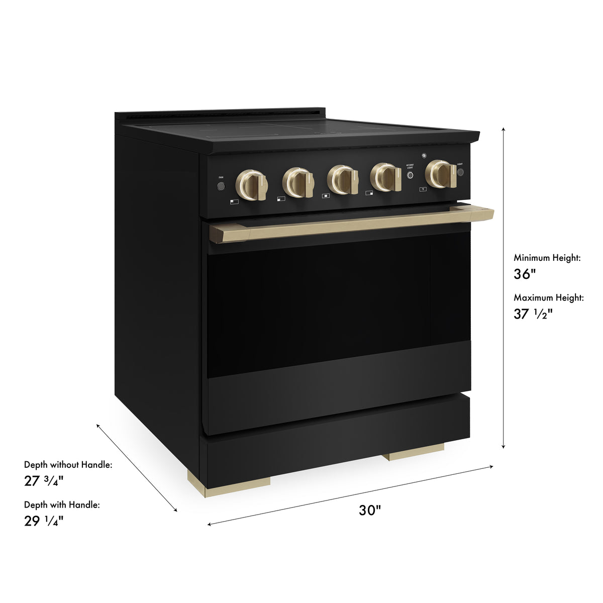 ZLINE Autograph 30-Inch Marino Induction Range in Black Stainless Steel with Champagne Bronze (MINRBZ-30-CB) - product dimensions