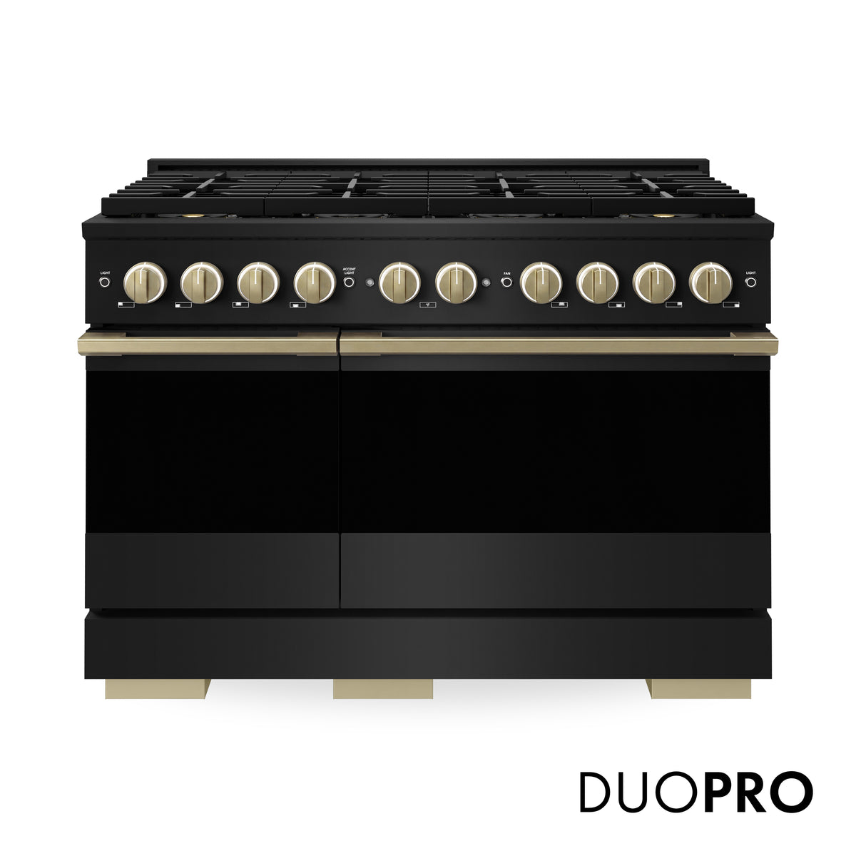ZLINE Autograph 48-Inch Marino Gas Range with DuoPro Cooktop in Black Stainless Steel with Champagne Bronze (PMGRBZ-48-CB) - front view