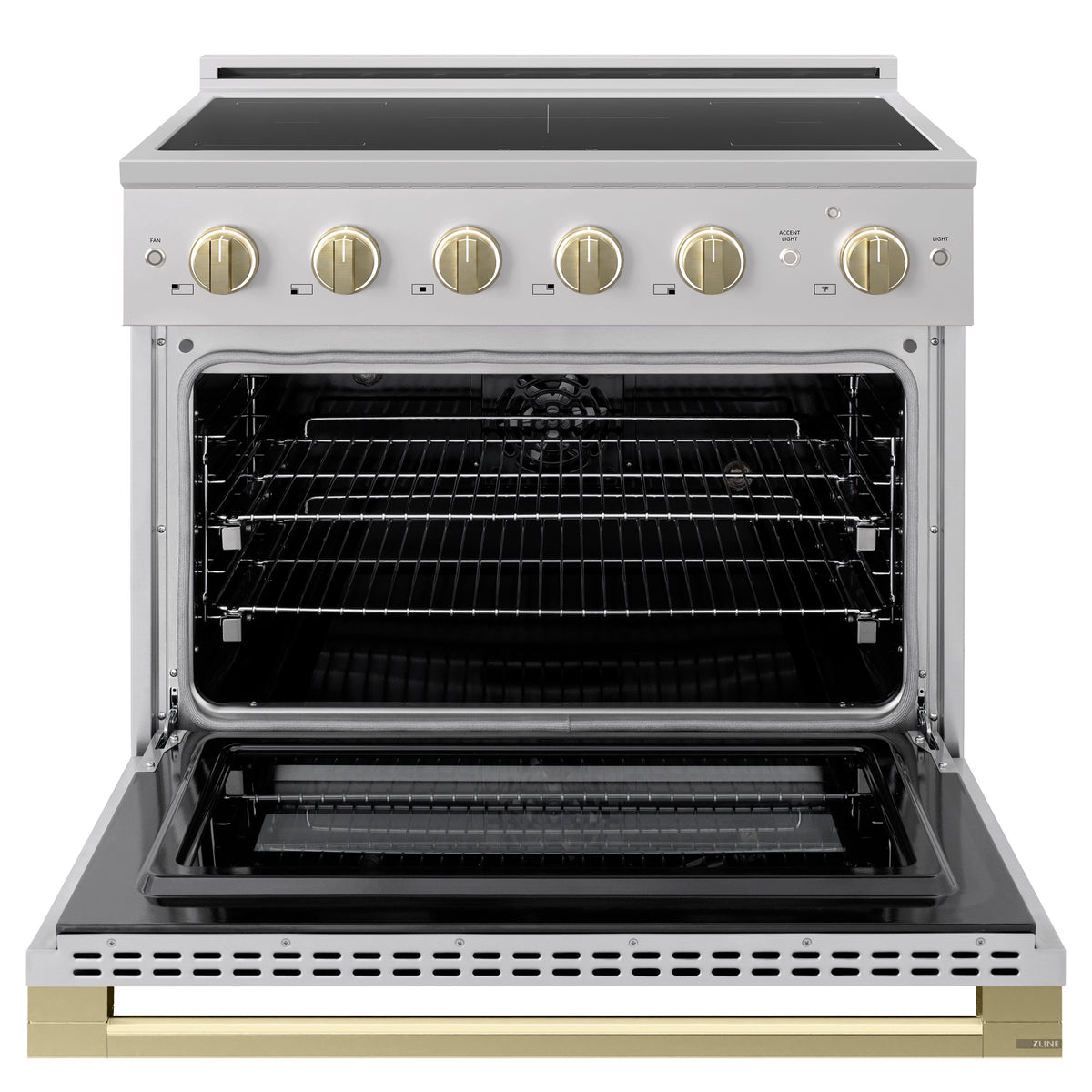 ZLINE Autograph 36-Inch Marino Induction Range in Stainless Steel with Champagne Bronze (MINRZ-36-CB) - oven door open