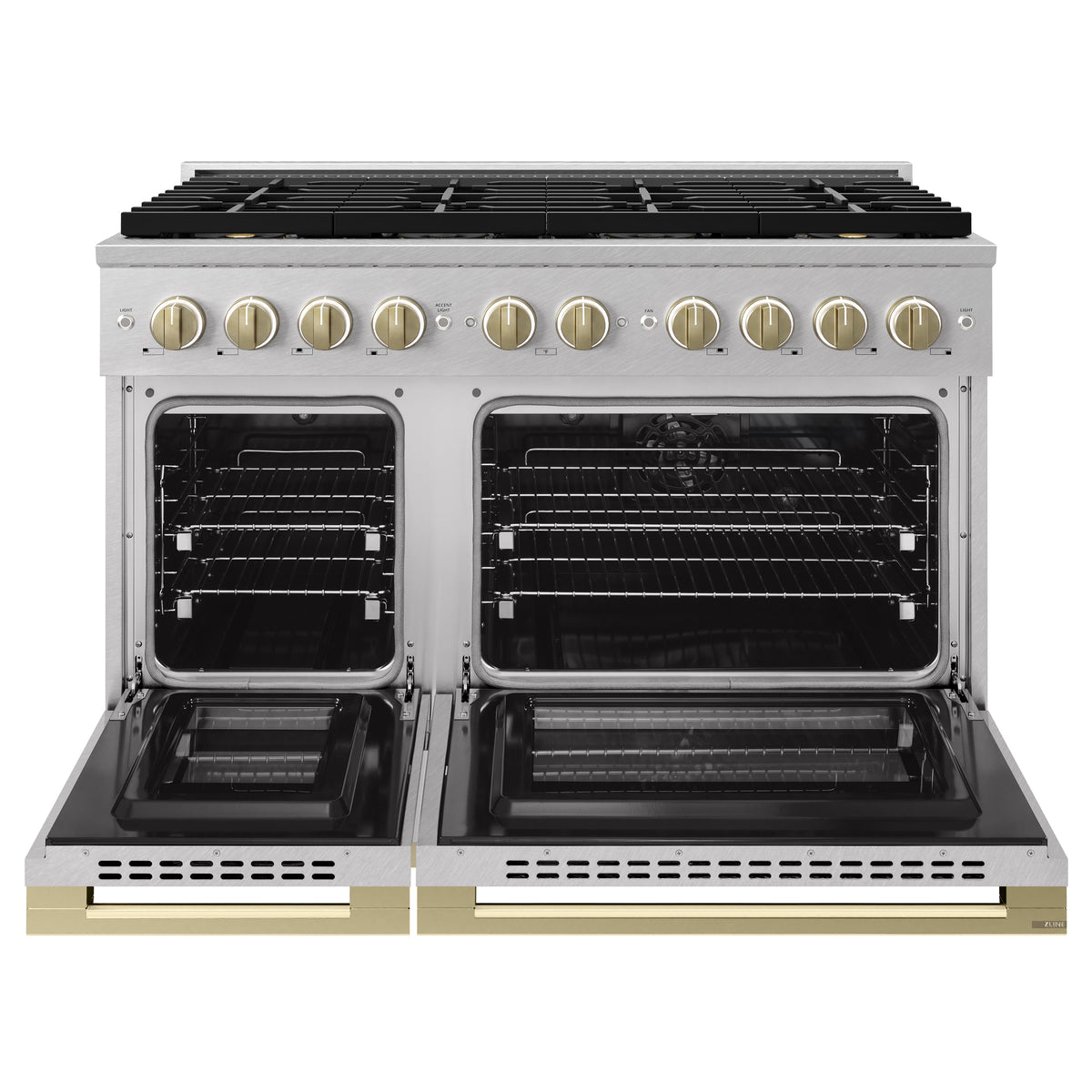 ZLINE Autograph 48-Inch Marino Dual Fuel Range with DuoPro Cooktop in Satin Stainless Steel with Champagne Bronze (PMDRSZ-48-CB) - oven doors open