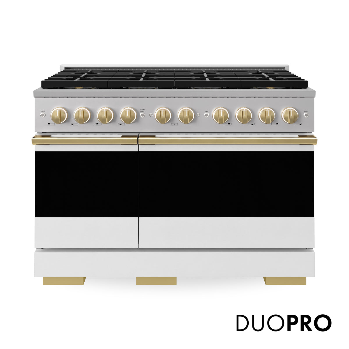 ZLINE Autograph 48-Inch Marino Gas Range with DuoPro Cooktop in Stainless Steel with White Matte and Polished Gold (PMGRZ-WM-48-G) - front view
