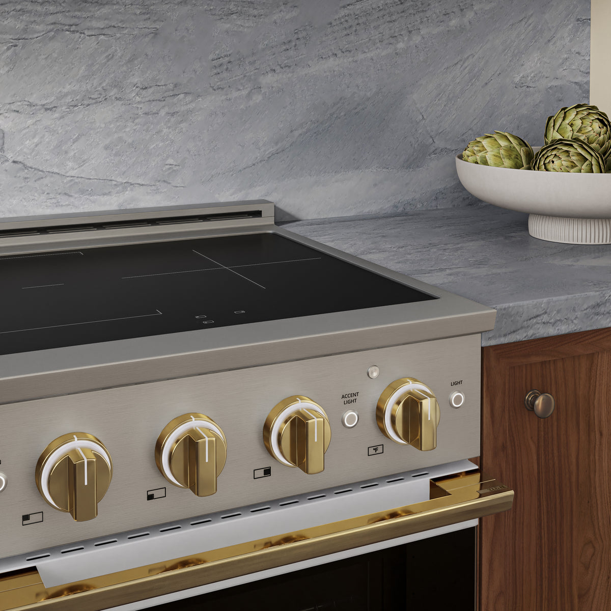 ZLINE Autograph 24-Inch Marino Induction Range in Stainless Steel with White Matte and Polished Gold (MINRZ-WM-24-G) - kitchen lifestyle view