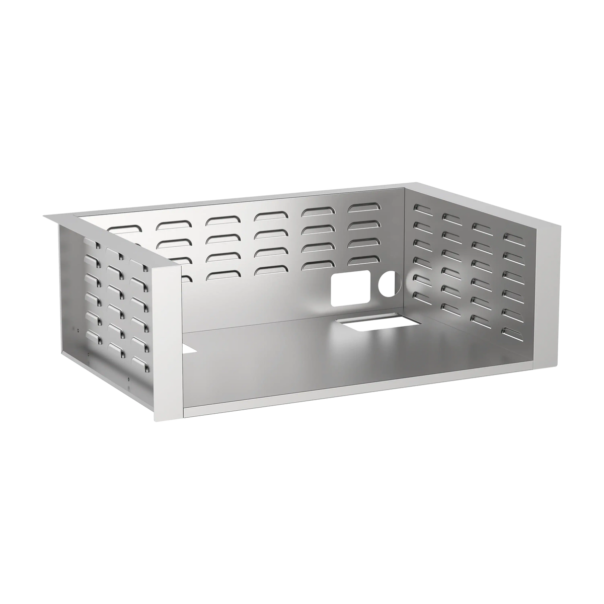 Stainless steel insulated jacket with perforated panels and open rectangular interior