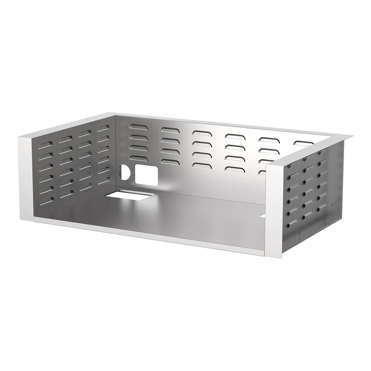Insulated range hood jacket with perforated sides and vented back panel, stainless steel