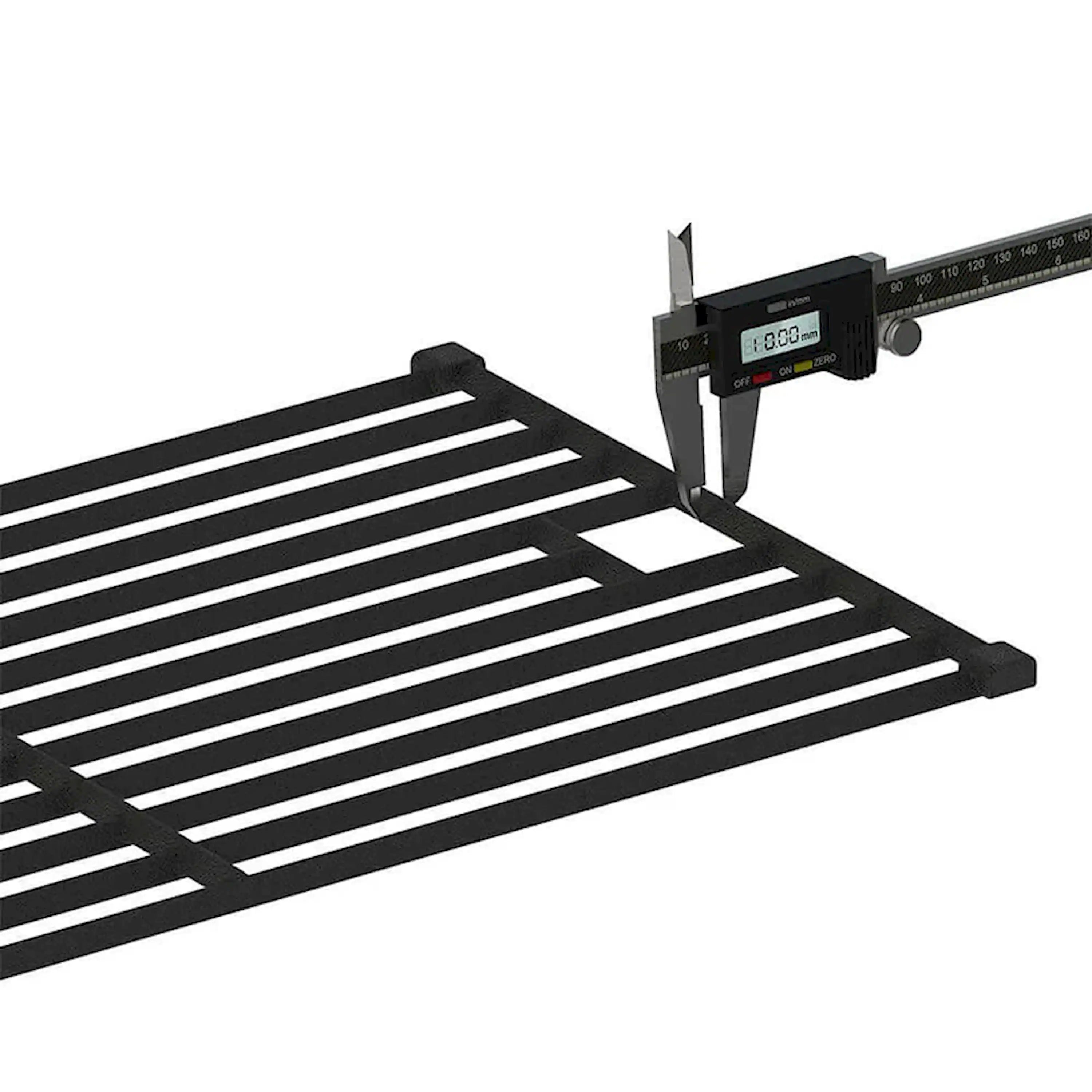 Black cast iron grill grate with parallel bars and measuring gauge