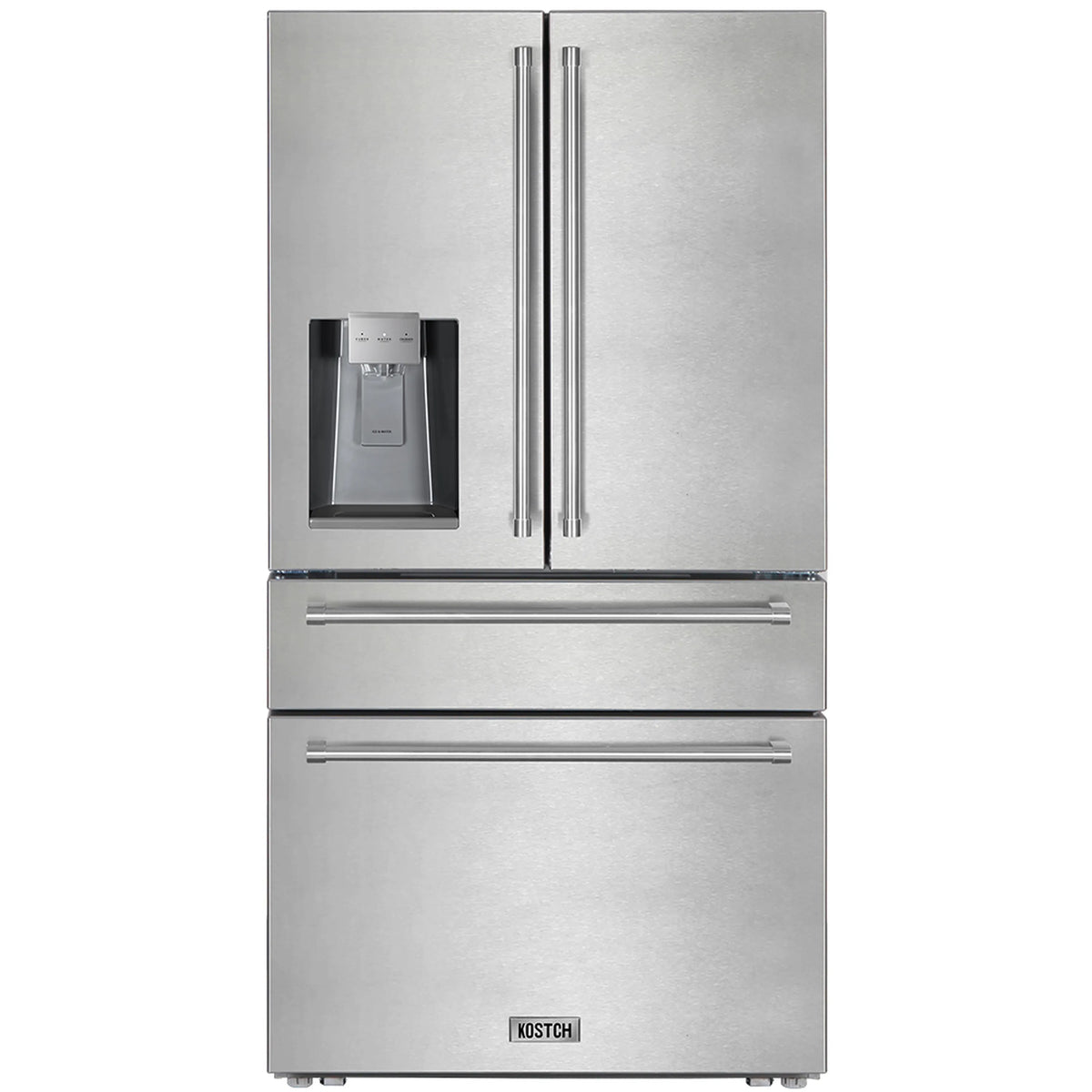 Stainless steel counter-depth refrigerator front view with dual handles and water dispenser
