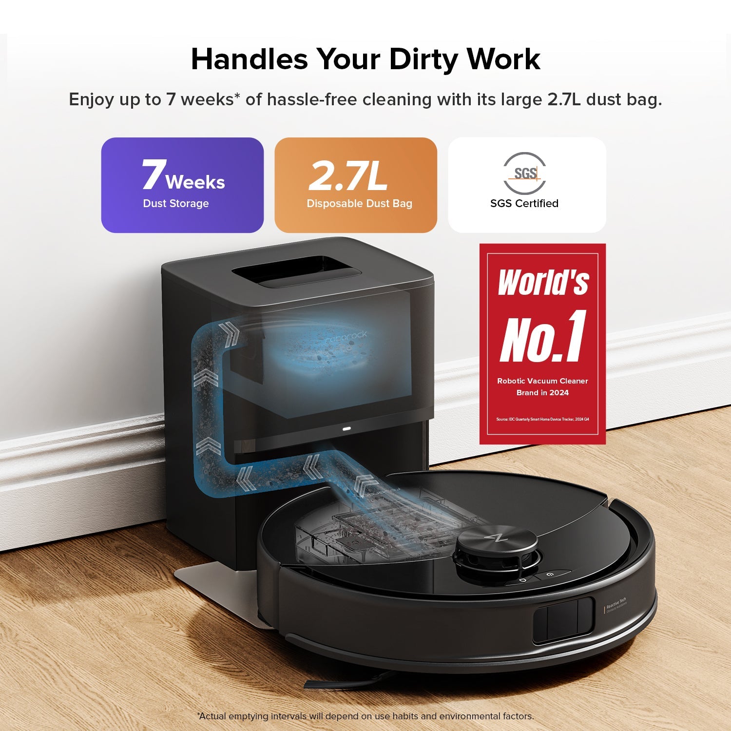 Black robot vacuum with auto-empty dock and dust bag window, standing on floor.