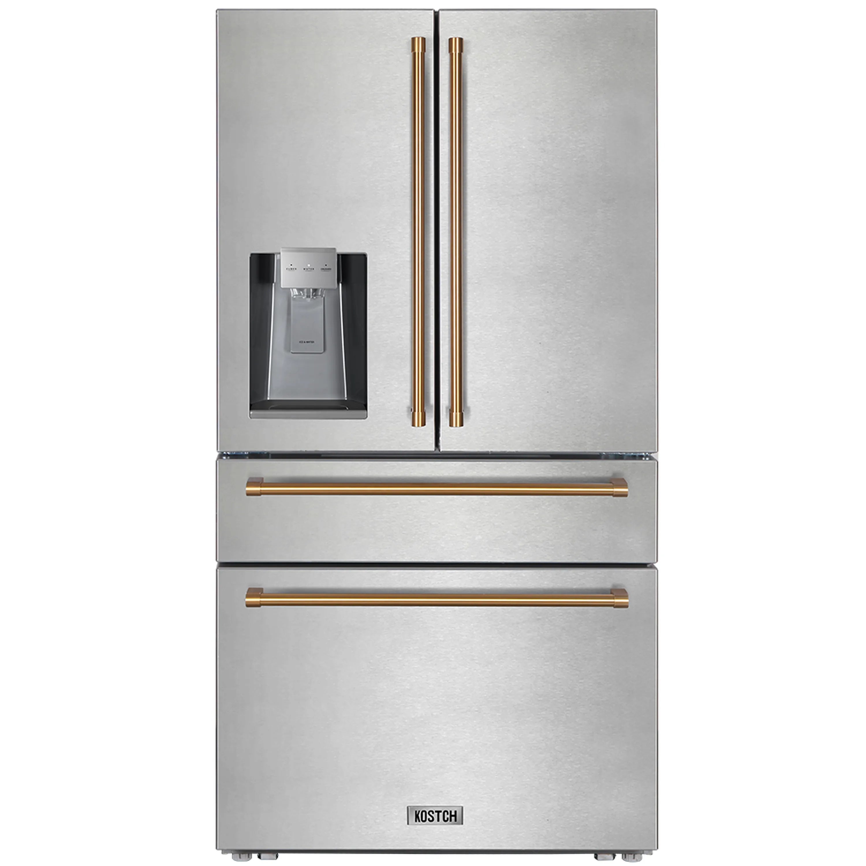 Stainless steel counter-depth refrigerator with bronze dispenser handles and two drawers