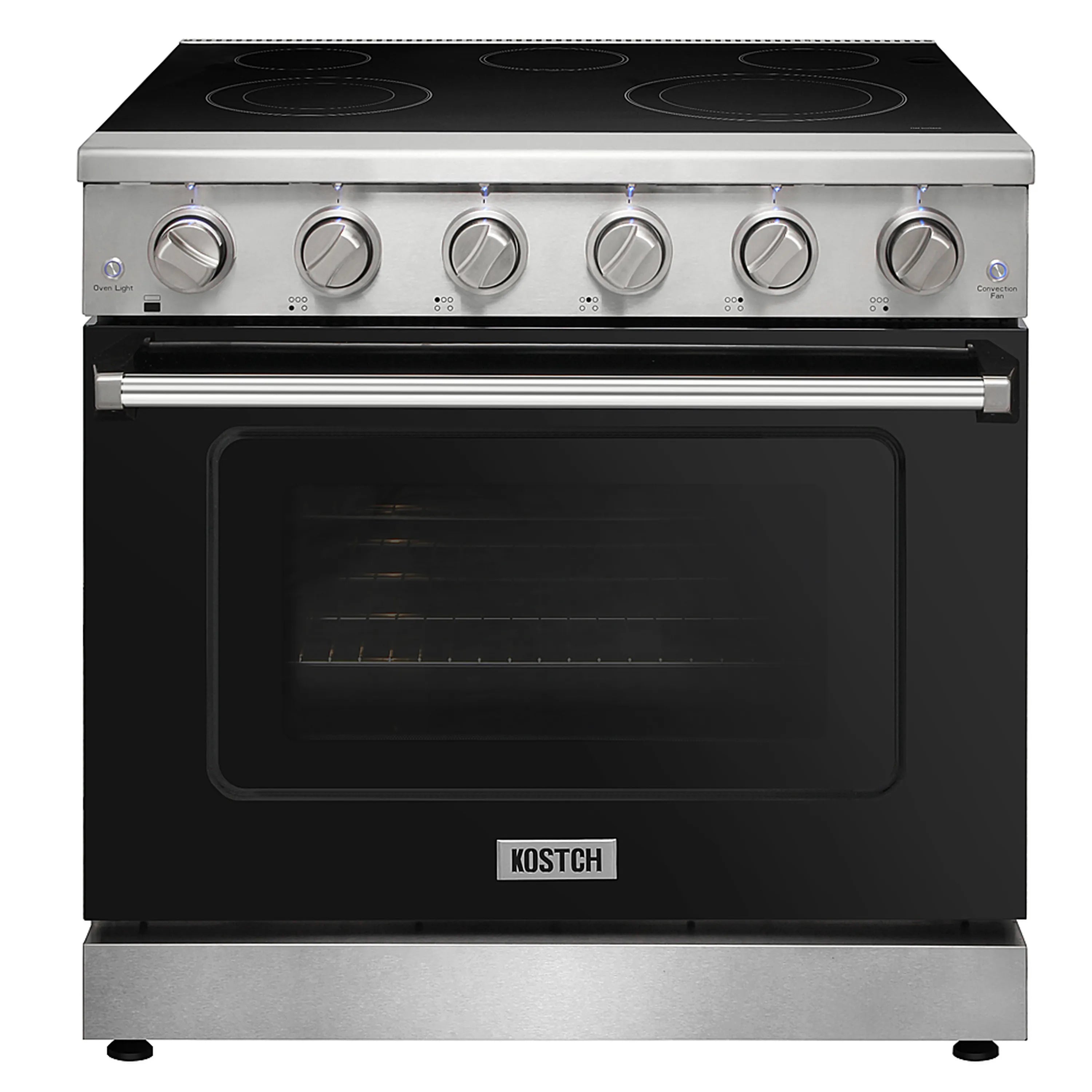 Kostch black electric range with glass cooktop and five burner control knobs