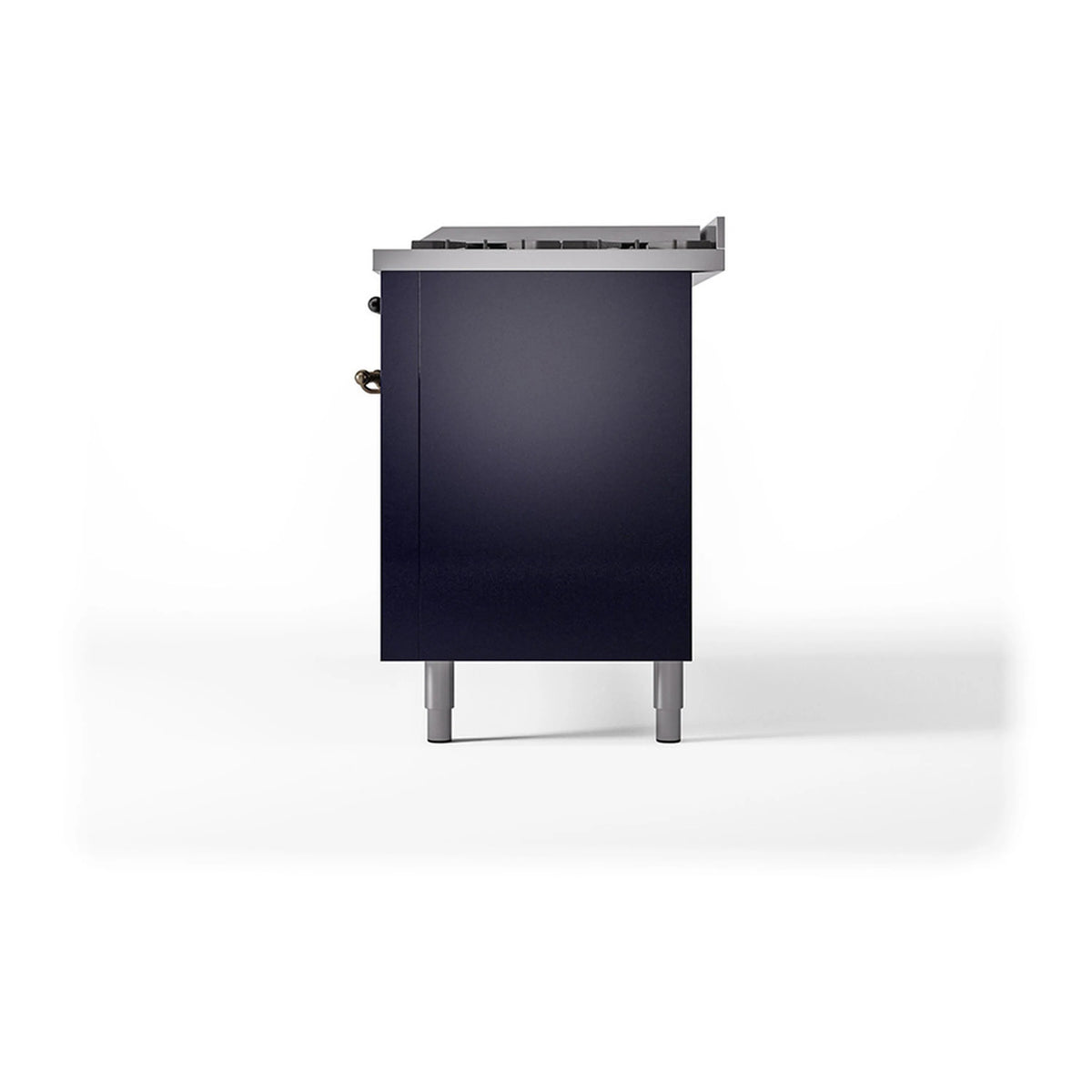 Midnight blue side view of dual fuel range cabinet with rear fittings and legs