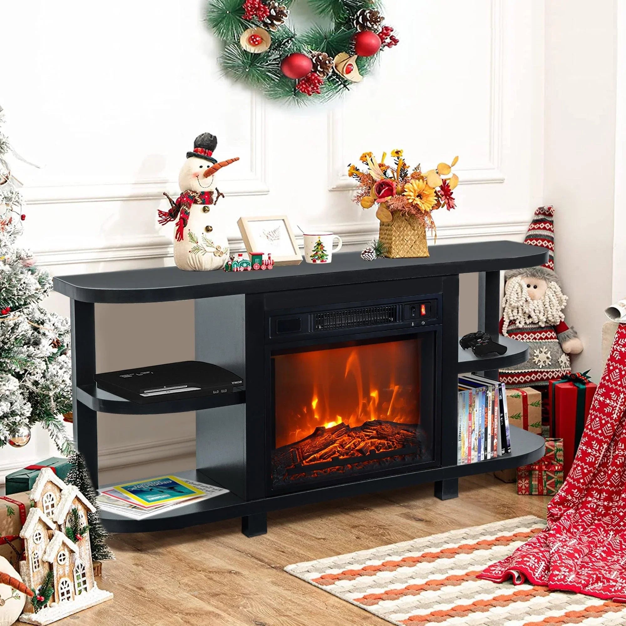 Black media console TV stand with electric fireplace insert, side shelves, and open compartments