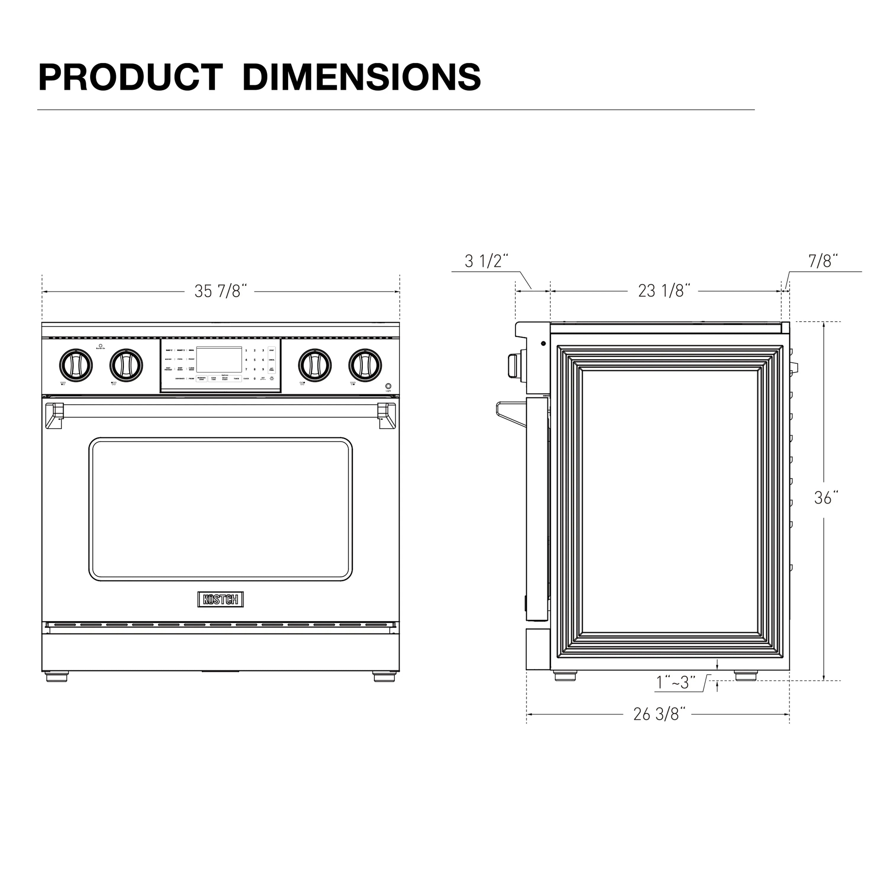 Product dimensions diagram for a 36-inch electric range