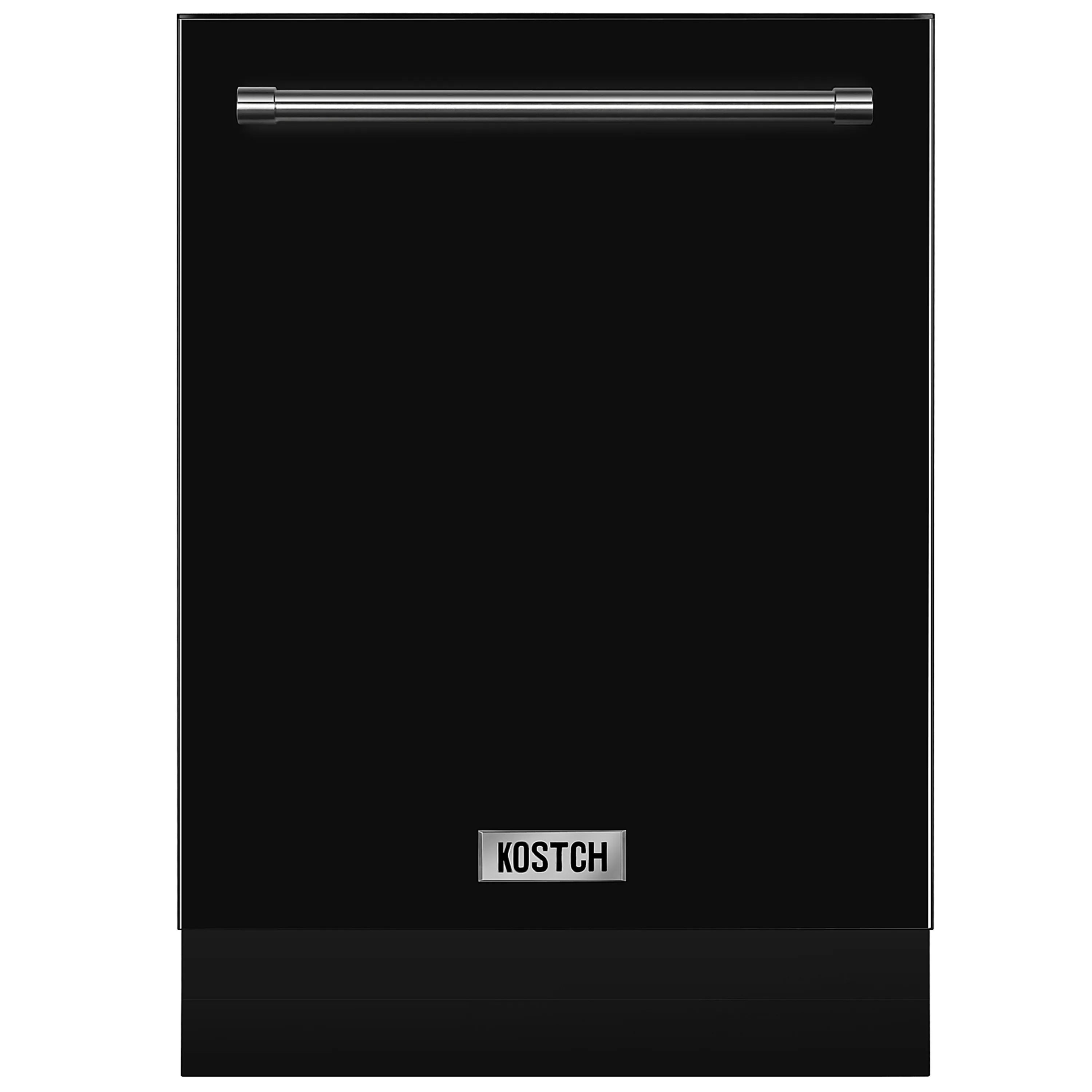 Black dishwasher front door with horizontal steel handle