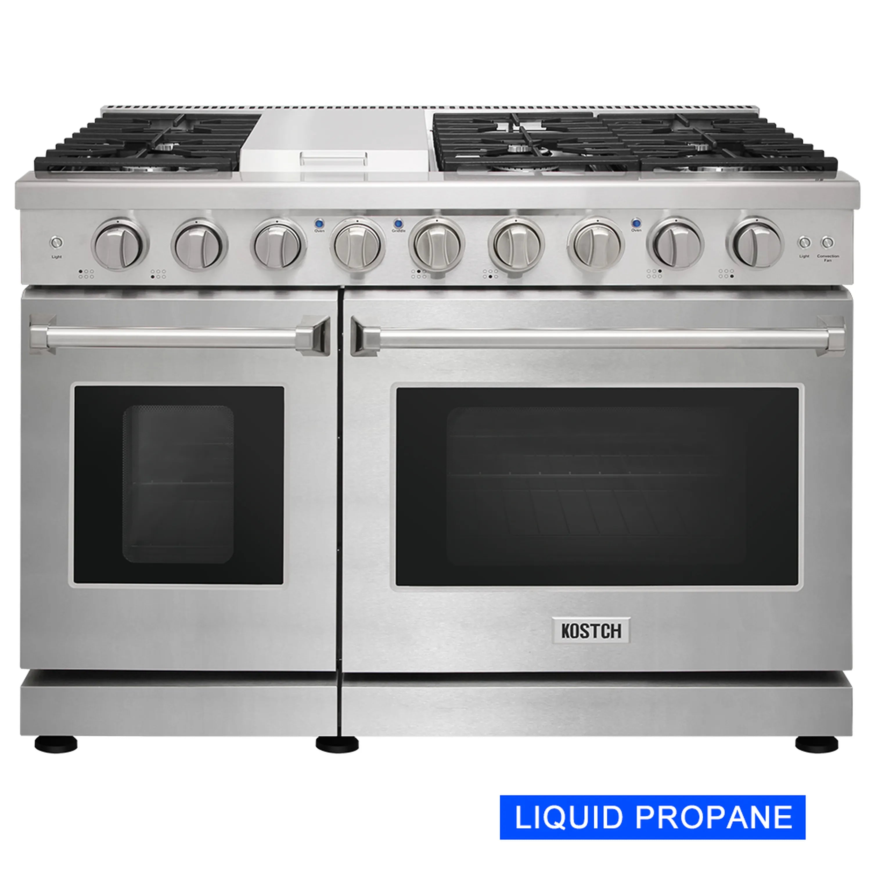 Stainless gas range front view with six burner grates and two glass oven doors